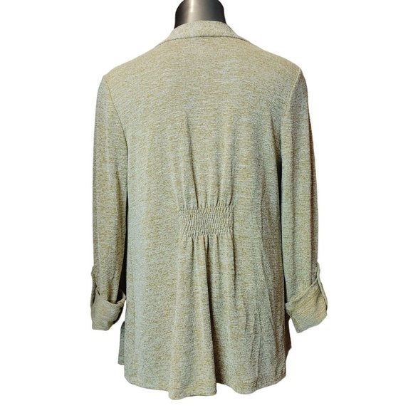 CHARTER CLUB Women 8 White Tan Marled Knit Long Rolled Sleeve Open Front Sweater - Picture 2 of 3